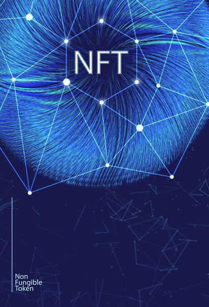 NFT non-fungible token concept on polygonal abstract background. Plexus connect lines with polygonal shapes on dark blue backdrop and white non fungible token sign. Vector card illustration. - Vector, Image
