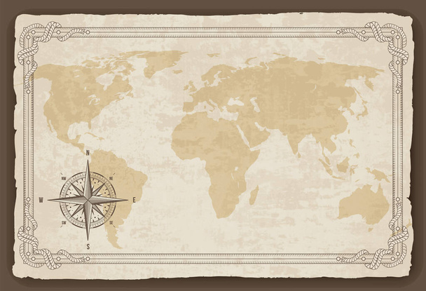 Old map frame with retro nautical compass on old paper texture. Hand drawn antique nautical old vector background. Wind rose for sea marine navigation. Vintage marine theme in vector - Vetor, Imagem