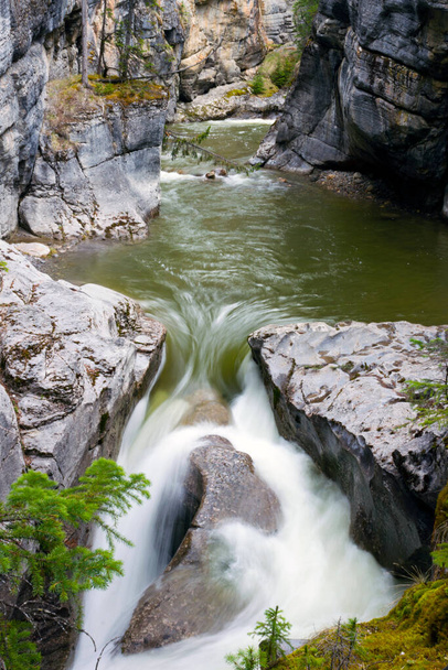 Maligne Canyon es una característica natural ubicada en el Parque Nacional Jasper cerca de Jasper, Alberta, Canadá. Erojado fuera de la Formación Palliser junto al río Maligne, el cañón mide más de 50 metros de profundidad.  - Foto, Imagen