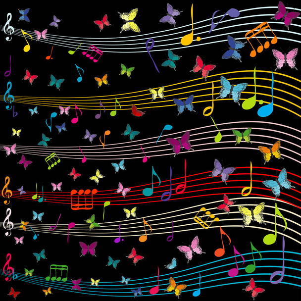 舞台と蝶が飛ぶ音楽的背景 - ベクター画像