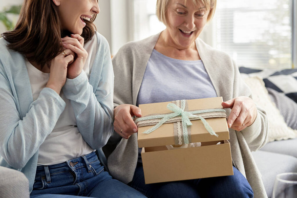 Excited adult daughter waiting for mom to open the gift                                - 写真・画像