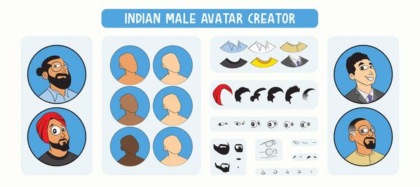 Indian Male Avatar Profile Picture Drag & Drop Building Kit (em inglês). Conjunto de rostos indianos com penteados diferentes, incluindo um turbante e expressões diferentes. Kit de construção de rosto DIY para personagem masculino indiano. - Vetor, Imagem