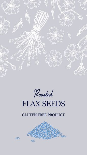Hand drawn flax vertical design. Vector illustration in sketch style for linen seeds and oil packaging - Vector, Image