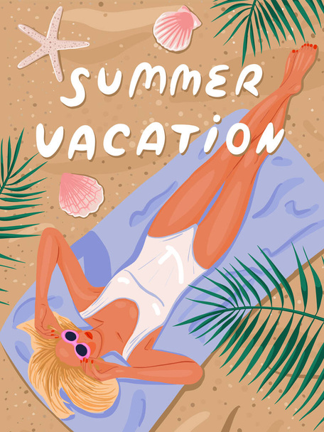 Vacation. Travel. Beautiful young woman is resting on the beach. View from aboveSummer vacation fashion concept.  Party invitation. Vector flat illustration. - Vektori, kuva