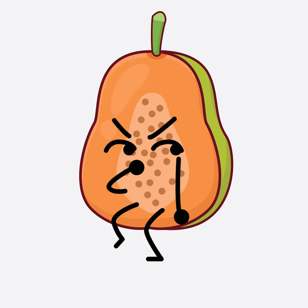 Vector Illustration of Papaya Fruit Character with cute face, simple hands and leg line art on Isolated Background. Flat cartoon doodle style. - Vector, Imagen