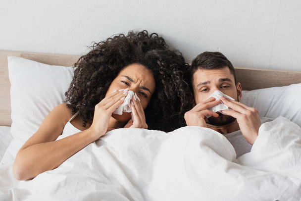 sick interracial couple holding napkins and sneezing while looking at camera - Photo, Image