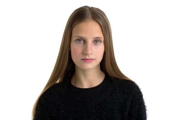 Closeup portrait of charming teenage girl. Photo session in the studio - Fotó, kép