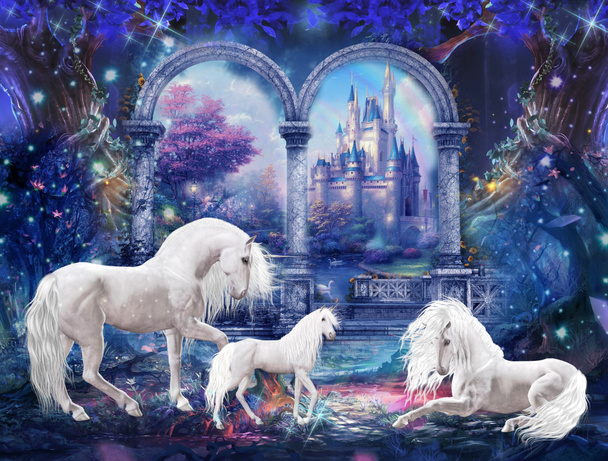 Children's wallpaper. Magical land, unicorns on the background of the castle. A fairy-tale world.Photo collage for the children's room. - Photo, Image