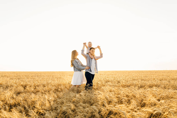 Happy family on a summer walk, mother, father and child walk in the wheat field and enjoy the beautiful nature, at sunset - Valokuva, kuva
