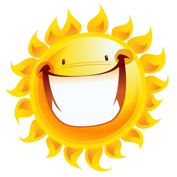 非常に幸せな黄色の太陽の漫画の笑みを浮かべて興奮文字 - ベクター画像