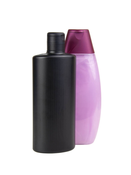 Violett lila und schwarz Shampoo-Gel-Flasche isoliert auf dem weißen Hintergrund - Foto, Bild