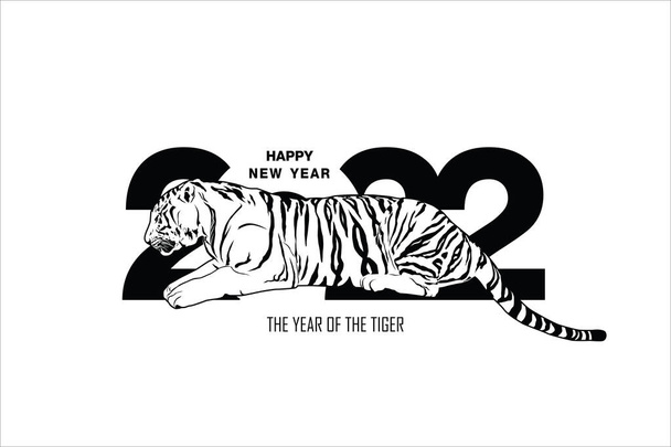 Szczęśliwego Nowego Roku 2022 rok tygrys rysunek tygrys czarno-białe linie leżące na numery 2022 plakat, broszura, baner, karta zaproszenie, wektor ilustracja Izolacja na białym tle. - Wektor, obraz