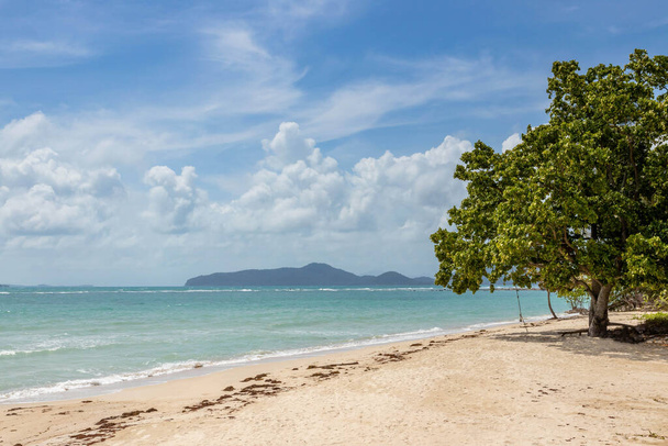 Vista mare dalla spiaggia tropicale con cielo soleggiato. Spiaggia paradiso estivo dell'isola di Koh Samui. Sulla riva tropicale. Mare tropicale in Thailandia. Spiaggia estiva esotica con nuvole all'orizzonte. Oceano spiaggia relax, viaggi all'aperto - Foto, immagini