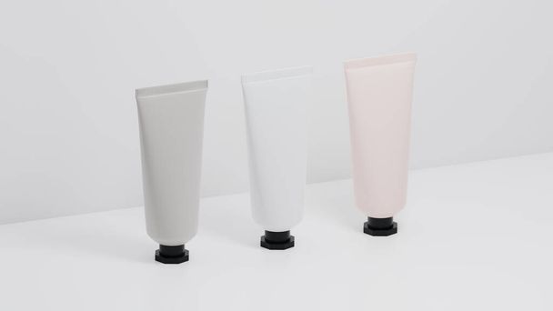 Creatieve minimalistische shot cosmetische verpakking plastic mock up. Mock-up voor branding en label. 3D-weergave - Foto, afbeelding