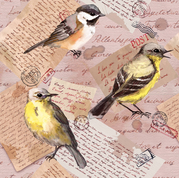 Birds and vintage letters raster watercolor seamless pattern - Photo, Image