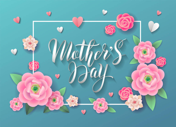 Mother's Day greeting web banner or poster design with paper cut lettering and pink flowers with hearts on blue background. - Vector illustration - Vetor, Imagem