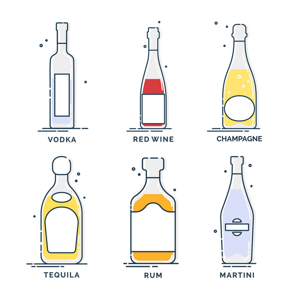 Flasche Wodka Rotwein Champagner Tequila Rum Martini Line Art. Kreatives grafisches Element. Trendiges Design. Minimalismus Einfachheit Zeichen. Alkoholisches Produkt zur Illustration von Restaurants. Isoliert auf weißem Hintergrund - Vektor, Bild