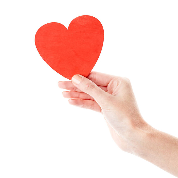 Female hand isolated on white background. White woman's hand showing symbols and gestures. Red wooden heart in hand. Love - Φωτογραφία, εικόνα