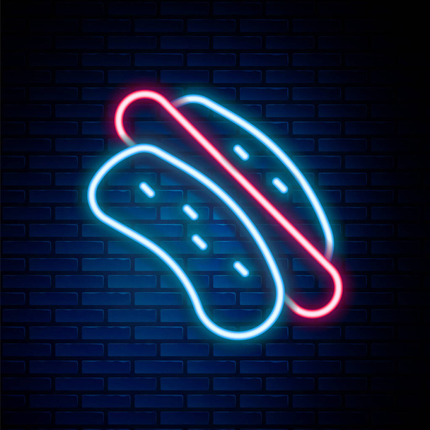 Gloeiende neon lijn Hotdog sandwich pictogram geïsoleerd op bakstenen muur achtergrond. Worstpictogram. Fastfood bord. Kleurrijk concept. Vector - Vector, afbeelding