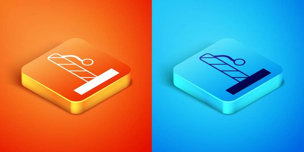 Isometric Cat scratching post with toy icon isolated on orange and blue background.  Vector - Vector, Image