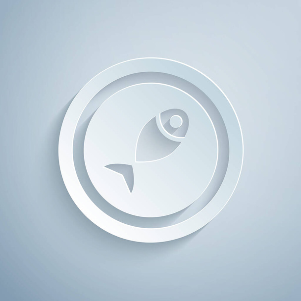 Paper cut Served fish on a plate icon isolated on grey background. Paper art style. Vector - Vector, imagen