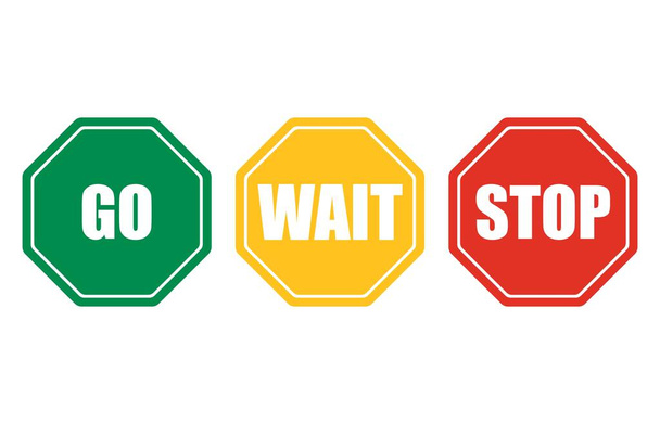 Πήγαινε, περίμενε, σταμάτα τις πινακίδες. Οκτάγωνο πράσινο, κόκκινη στάση, κίτρινη αναμονή. Κανονιστικά σύμβολα προειδοποίησης κυκλοφορίας. Εικονογράφηση διανύσματος - Διάνυσμα, εικόνα