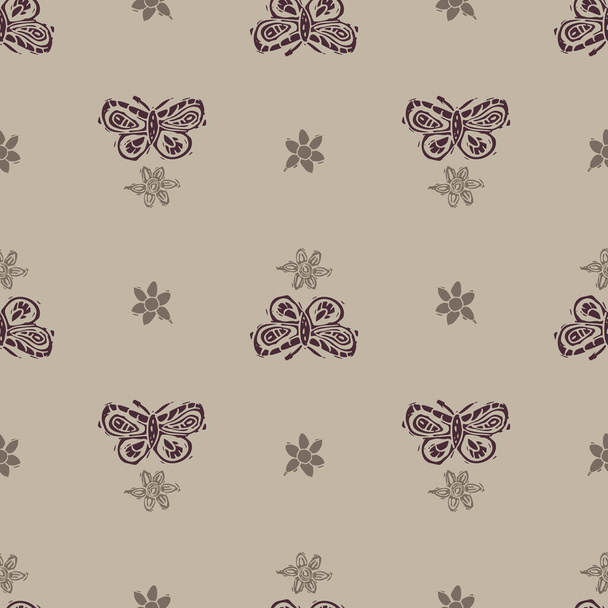 Handmade carved block print butterfly seamless pattern. Rustic naive folk silhouette illustration background. Modern scandi style decorative. Ethnic textiles, primitive fashion all over design.  - Vector, Image
