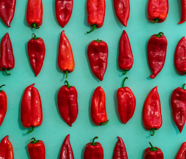 Red peppers on blue background with copy space - Photo, Image