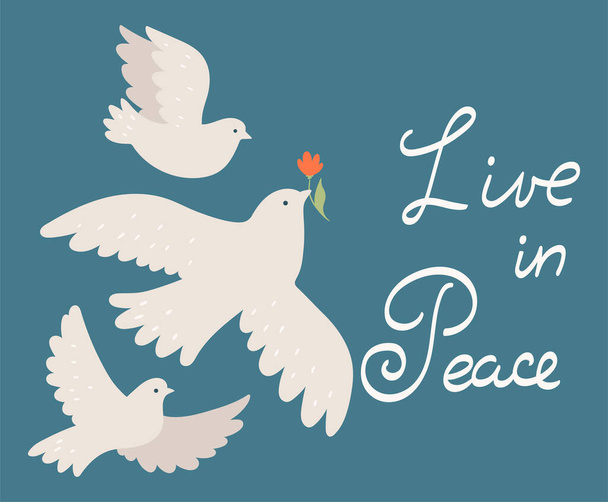 Postal con palomas y la inscripción viven en paz. Imagen vectorial. - Vector, imagen