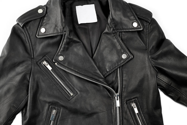 black leather punk jacket textured. biker jacket. Leather fabric texture - Photo, Image