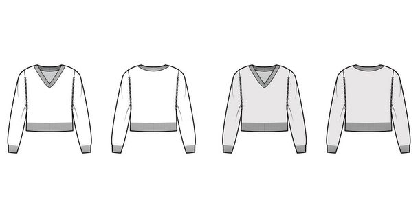 V-neck cropped Sweater technical fashion illustration with long sleeves, relax fit, waist length, rib trim. Flat jumper - Vector, Image