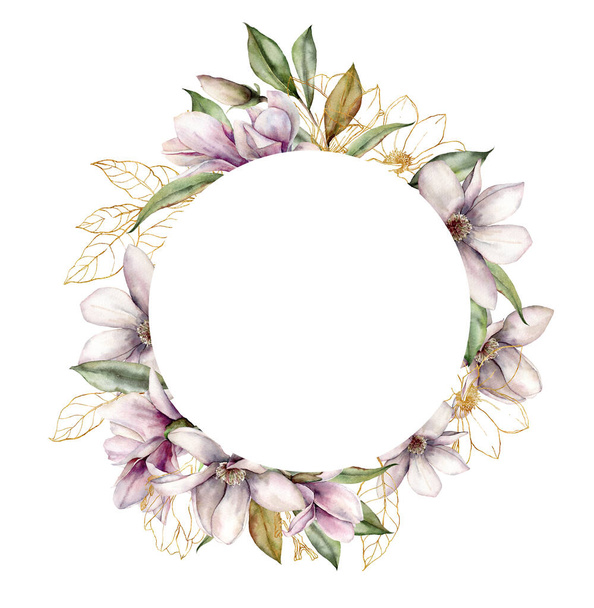 Watercolor magnolias round wreath of gold flowers and leaves. Hand painted floral frame of linear plants isolated on white background. Spring illustration for design, print, fabric or background. - Fotografie, Obrázek