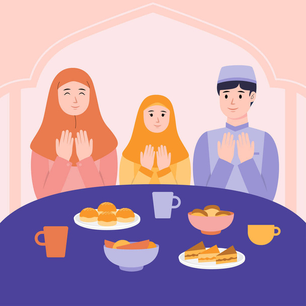 Illustration famille musulmane Iftar époque du Ramadan conception vectorielle - Vecteur, image
