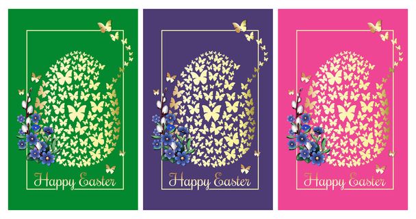Happy Easter. Greeting cards set with an Easter egg consisting of golden butterflies. Collection of colorful posters for Easter. Vector illustration - Вектор,изображение