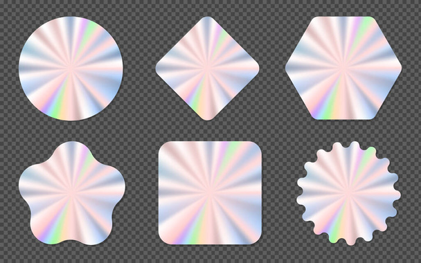 Набор модных голографических цветных наклеек и наклеек различной формы, векторная иллюстрация - Вектор,изображение