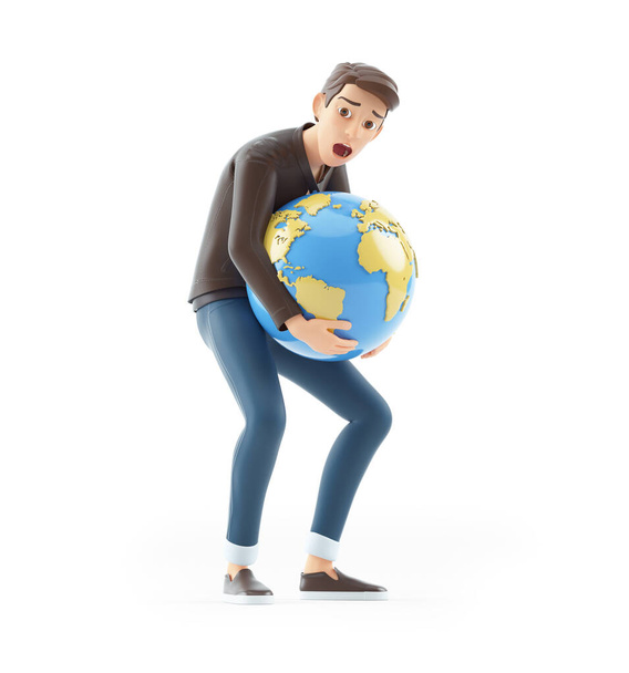 3D kreslený muž zvedání těžké země, ilustrace izolované na bílém pozadí - Fotografie, Obrázek