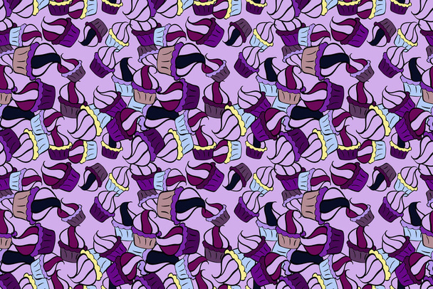 Wrapping paper. Seamless pattern of cupcakes on a purple, neutral and black background. Raster illustration. - Foto, Imagem