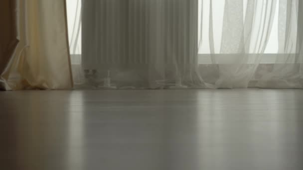 jonge vrouw lopen tenen blootsvoets op een warme houten vloer thuis - Video