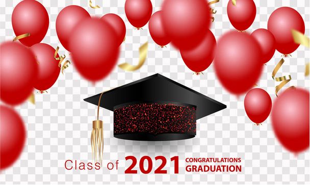 Felicidades por tu graduación. Clase de 2021. Gorra de graduación y confeti y globos. Banner de felicitación en azul. Academia de Educación Escuela de Aprendizaje Vector - Vector, imagen