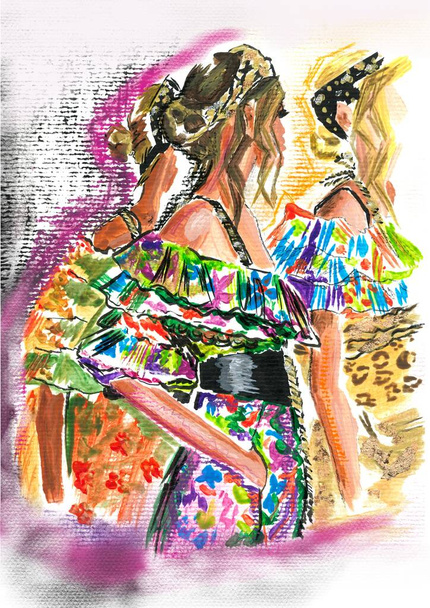 Ручная акриловая абстрактная модная иллюстрация воображаемых моделей в цветочных печатных платьях. Тропические островные цыгане. Шикарная подарочная открытка Бохо - Фото, изображение