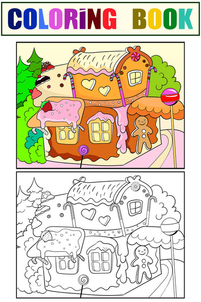 Casa de pan de jengibre en el bosque. Edificio de postres. Conjunto de libro para colorear y imagen de color. - Foto, Imagen