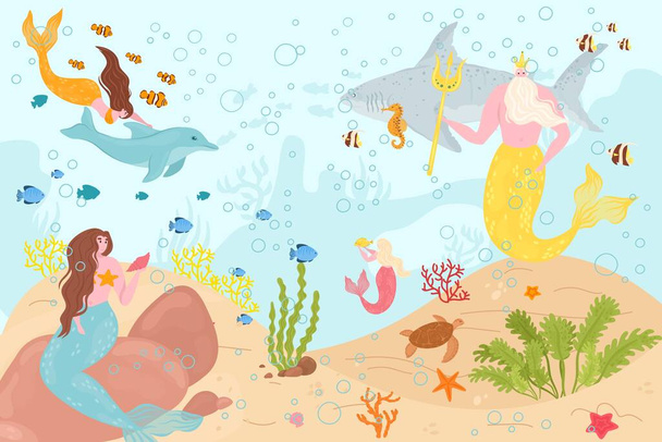Подводная жизнь, русалка плавает с мультяшными рыбами в океане, векторная иллюстрация. Девушка-фантазия рядом с красивой коралловой природой. - Вектор,изображение