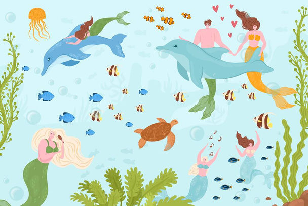Mermaid man woman character at sea, underwater ocean life, vector illustration. Cartoon mythical girl guy person in blue water with fish animal. - Vector, afbeelding
