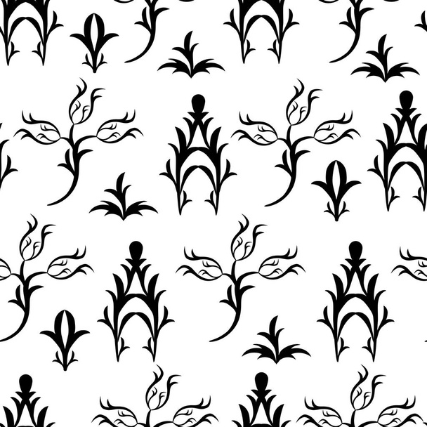 Schwarz-weißes nahtloses Barockmuster, Vektor-Damastmuster mit Blüten. Raffinierte viktorianische geometrische Textur. - Vektor, Bild