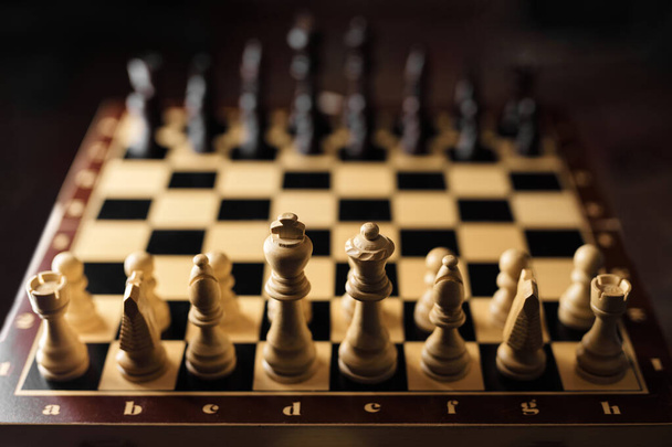Vintage σκακιέρα με ντάμα, πιόνια, ιππότες, rooks, επισκόπους, βασίλισσα και βασιλιά, μαύρο και άσπρο χρώμα. Σκάκι επιτραπέζιο παιχνίδι για τις ιδέες και τον ανταγωνισμό και τη στρατηγική, επιχειρηματική επιτυχία έννοια. - Φωτογραφία, εικόνα