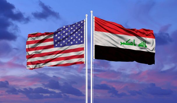 Podwójna flaga Irak i Stany Zjednoczone Ameryki flaga machająca flagą z tłem tekstury - 3D ilustracja - 3D rende - Zdjęcie, obraz
