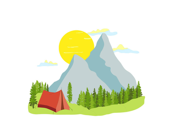Rode tent met bos en blauwe bergen op de achtergrond, zon, wolken. Eenvoudige platte ontwerp illustratie geïsoleerd op witte achtergrond. Wilde dieren, kamperen in de natuur.  - Vector, afbeelding