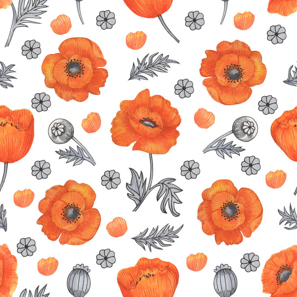 Watercolor seamless pattern with poppies. Design for fabric, wallpaper, napkins, textile, packaging and background. - Photo, image