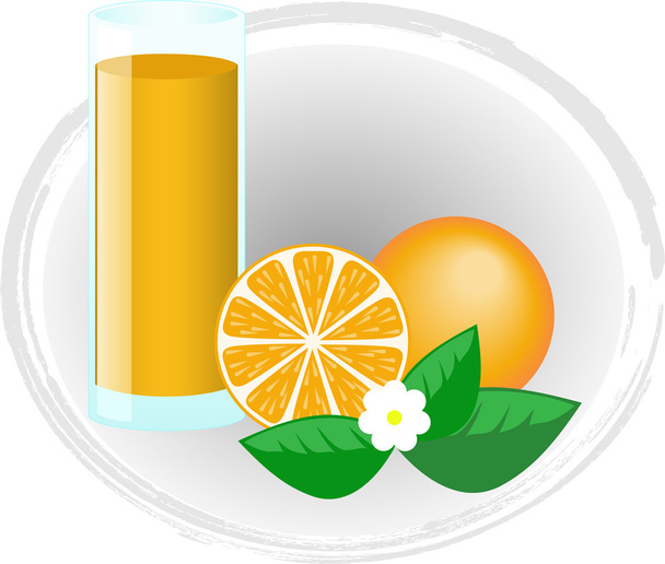 Фрукты и цветы апельсина и стакан сока
 - Вектор,изображение