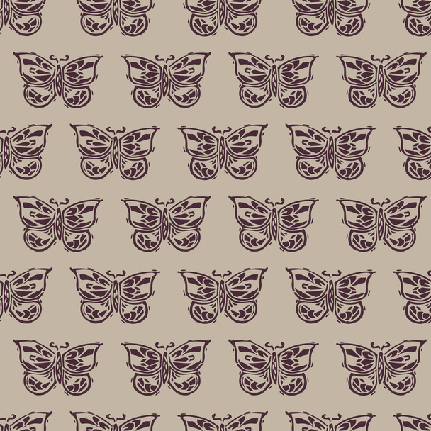 Handmade carved block print butterfly seamless pattern. Rustic naive folk silhouette illustration background. Modern scandi style decorative. Ethnic textiles, primitive fashion all over design.  - Vector, Imagen